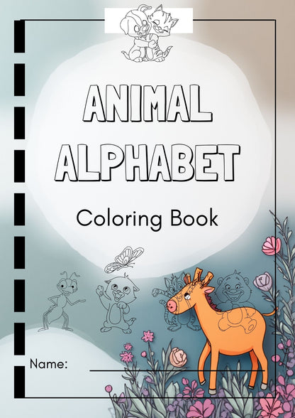 Animal Alphabet Coloring Booklet in Grayscale Lined Illustrative Style