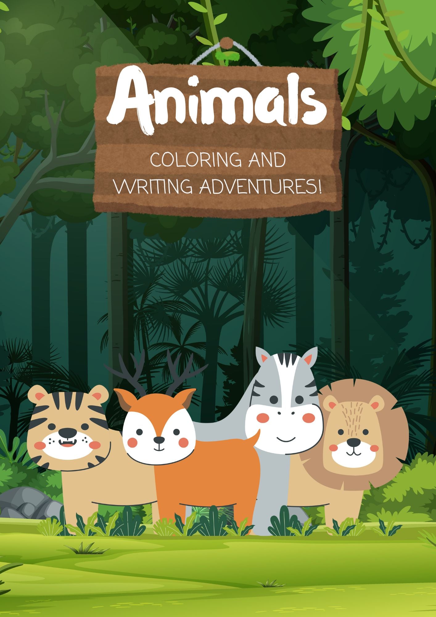 Animals Coloring And Writing Adventures Book! in Black & White Colors Illustrative Cartoon Style