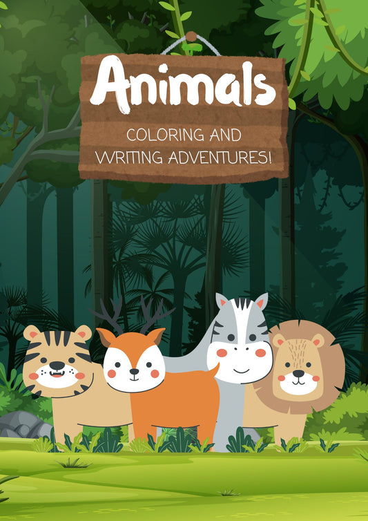 Animals Coloring And Writing Adventures Book! in Black & White Colors Illustrative Cartoon Style