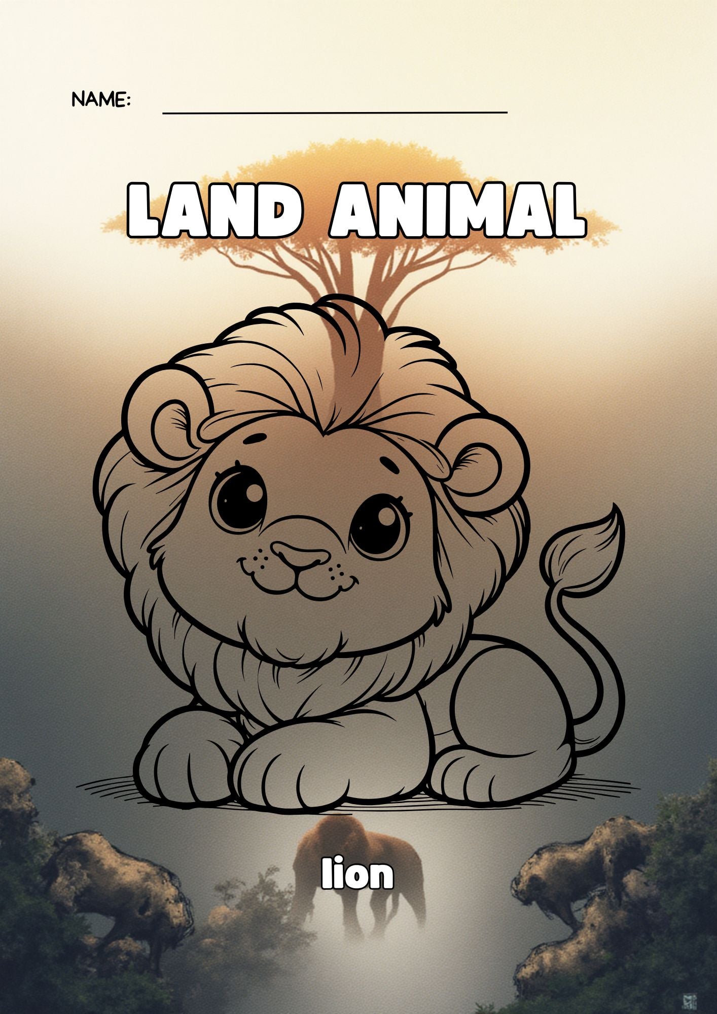 Land Animals Coloring Activity Worksheet in Brown and Black Cute Illustrative Style