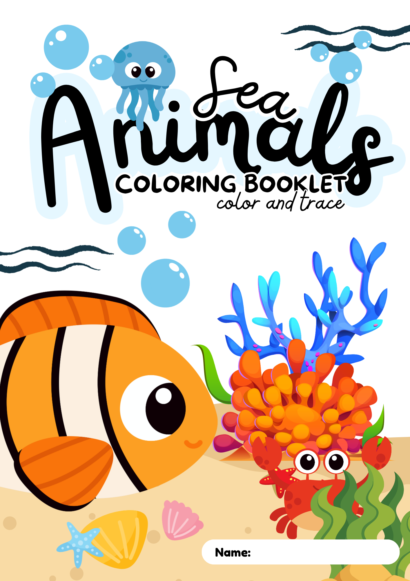 Sea Animals Coloring Booklet in Black Outline Style